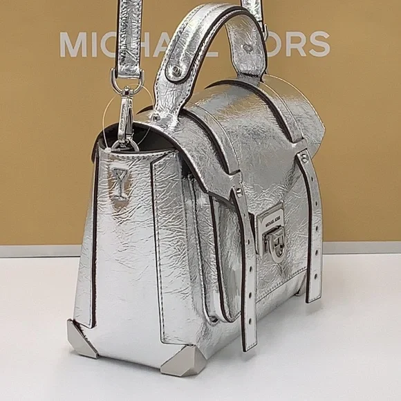 MICHAEL KORS MANHATTAN MEDIUM TOP HANDLE SCHOOL SATCHEL CROSSBODY BAG SILVER - Picture 2 of 16